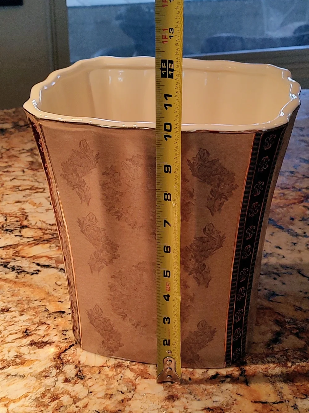 Croscill Brown, Cream and Gold Ceramic Wastebasket with Damask Trim